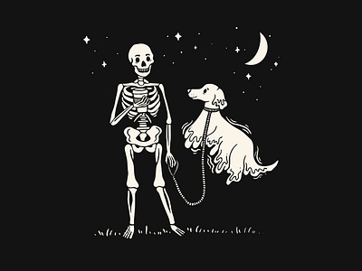 Soul Pup Illustration for Grounds & Hounds black and white bones coffee dog dog lover fall grounds and hounds halloween illustration merchandise monochrome moon night puppy skeleton soul pup spooky season stars walk walking