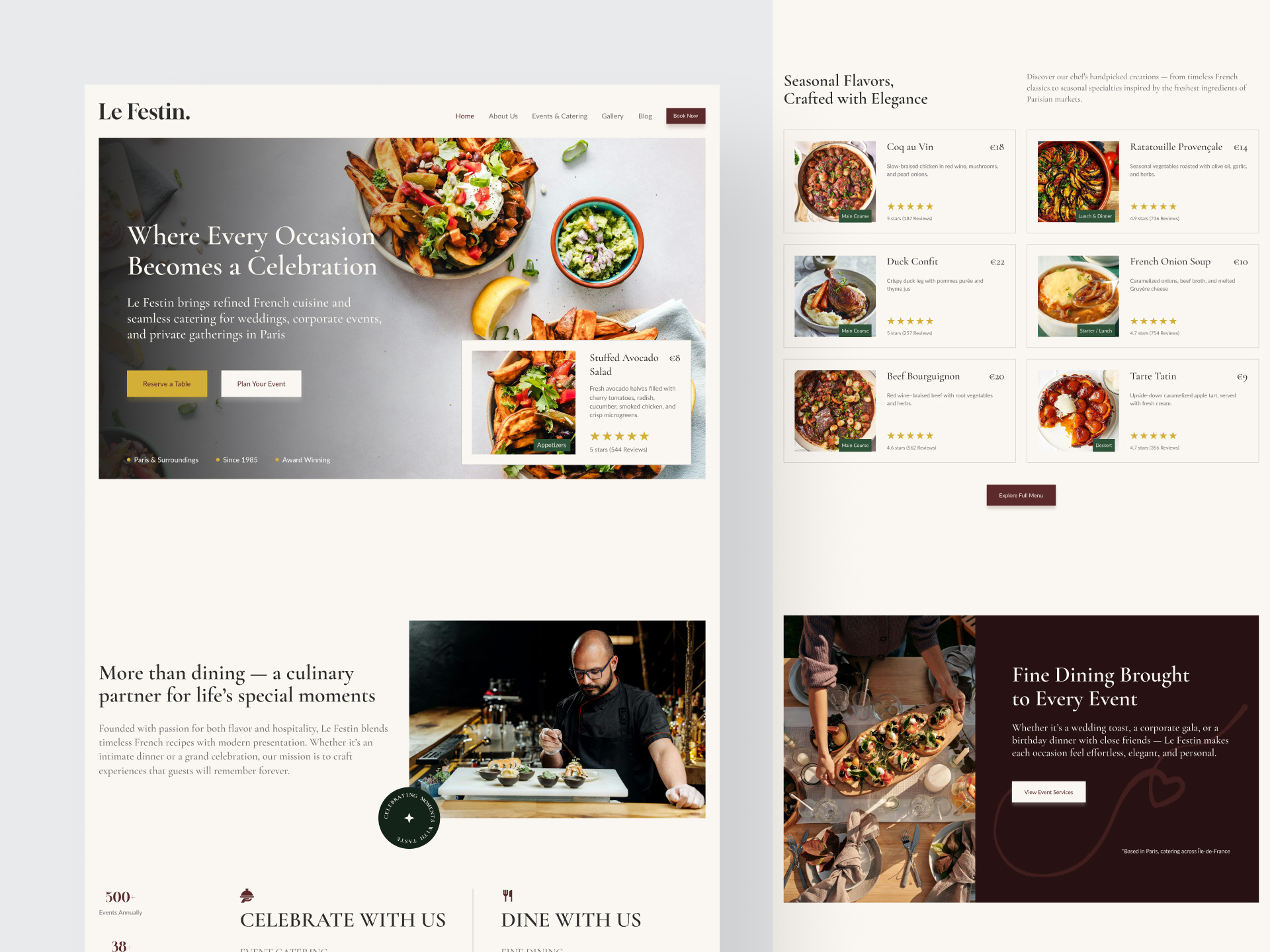 Le Festin – French Catering Website Concept cateringdesign conversionfocused figmadesign foodwebsite landingpagedesign minimaldesign restaurantdesign uidesign uiux webdesign