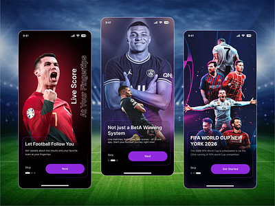 Onboarding Screen – Football App UI Design android app animation app concept app design basketball dark mode fitness football football app football ui interface ios app minimalism mobile design mobile ui onboarding screen social sport app design sports app user interface