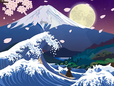 Mount Fuji and High Waves at Moonrise art branding design fantasy flowers graphic design illustration landscape logo moon mountains nature sky ui web イラスト