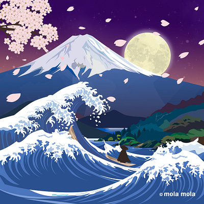 Mount Fuji and High Waves at Moonrise art branding design fantasy flowers graphic design illustration landscape logo moon mountains nature sky ui web イラスト