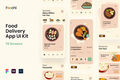 Foochi - Food Delivery App UI Kit android app app design app screen dribbble illustration ios landing landing page landing pages page pages popular screen screens template ux web web header website