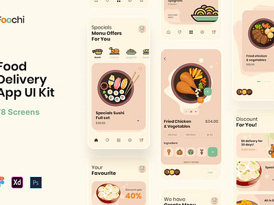 Foochi - Food Delivery App UI Kit android app app design app screen dribbble illustration ios landing landing page landing pages page pages popular screen screens template ux web web header website