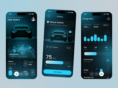 EV Car Charging App app design car car app charging station dark design electric car electric vehicle ev ev app ev apps ev charging ios app mobile app ui parking tesla user interface