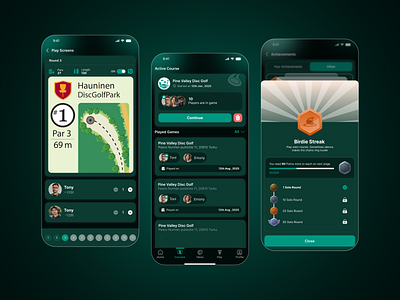 Disc Golf Mobile App UI Design app design app redesign application course disc golf golf app golf handicap golf management golf play golf range golf round leaderboard mobile app player stats sports app startup tennis app tennis score ui design ux design