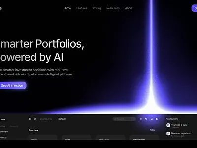 AI invesment portfolio landing page with light beam animation ai fintech hero section ai fintech landing page ai investment portfolio ai landing page clean landing page dark purple landing page design fintech landing page graphic design light beam landing page light beam with animation light beam with particles purple light beam saas saas dark landing page ui