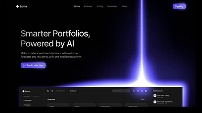 AI invesment portfolio landing page with light beam animation ai fintech hero section ai fintech landing page ai investment portfolio ai landing page clean landing page dark purple landing page design fintech landing page graphic design light beam landing page light beam with animation light beam with particles purple light beam saas saas dark landing page ui