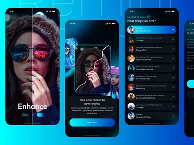 Splash & Onboarding Screens – Remini App aiapp app appdesign mobile mobile app mobile ui mobileui onboarding screen onboardingui photoenhancer remini splashscreen uiux videoenhancer welcome screen