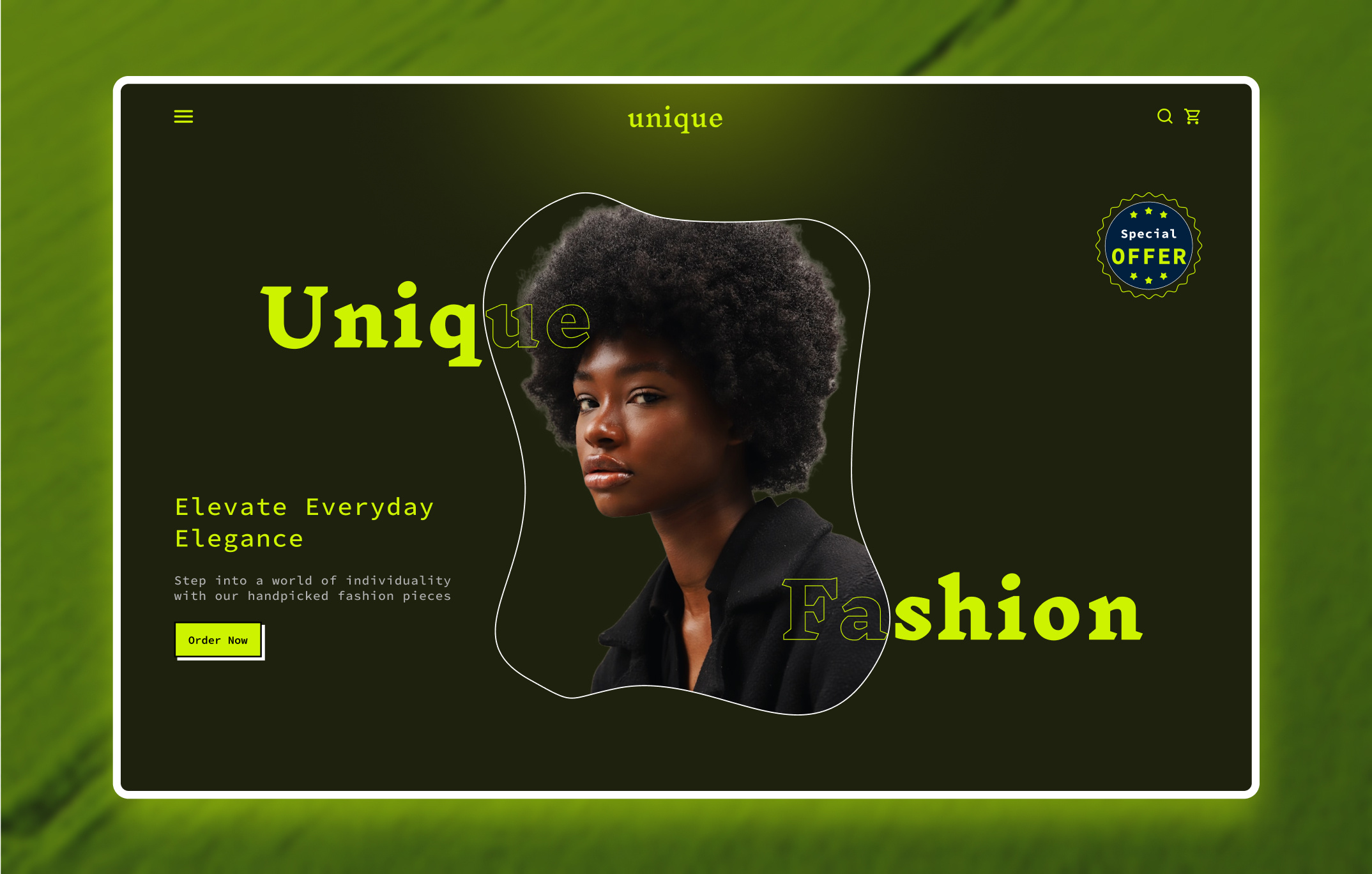 Unique Fashion – Bold Identity UI Concept branding cleanui creativedesign darkui designconcept designinspiration dribbbleweeklywarmup ecommercedesign fashiondesign fashionui herosection interfacedesign landingpage minimalfashion modernfashion neondesign style ui uidesign visualdesign