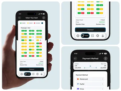 Flight Tickets Booking Mobile App (Ticket & Payment Page UI) air ticket aircraft app ticket booking airplane boarding booking app booking system checkout flight flight app mobile app online booking payment saas startup ticket ticket app ticket application ticket booking travel app trip