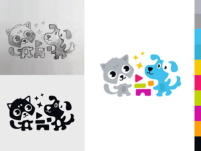 Funny pets brand branding cartoon cat children design dog elegant illustration logo logolesson logotype mark modern pet pets play sign sketch toy