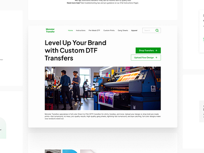 Monster Transfer - Custom Printing Website colorful conversion cost savings fashion figma green hero landing page minimalist monochrome printing seo simple ui user user experience user interface ux website white