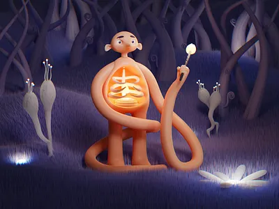 STRANGE CREATURE IN THE FOREST 3d 3d art 3d artist 3d bones 3d character 3d character design 3d creature 3d design 3d flame 3d forest 3d illustration 3d night scene 3d visual blender blender artist illusration long arms scary visual strange character