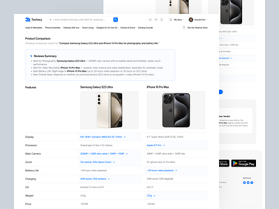 AI Gadget Marketplace Landing Page - Comparison Page ai ai comparison ai gadget ai marketplace analytics clean ecommerce interaction design landingpage marketplace minimalist modern onlines shop product product comparison shopping smartphone uidesign uxdesign website