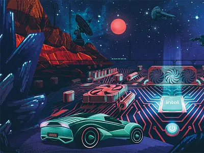 Intel Gamer Days Desk Mat 2d car desk deskmat digital painting eve gamer gaming illustration intel mat motherboard outrun procreate rocket league space synthwave tron