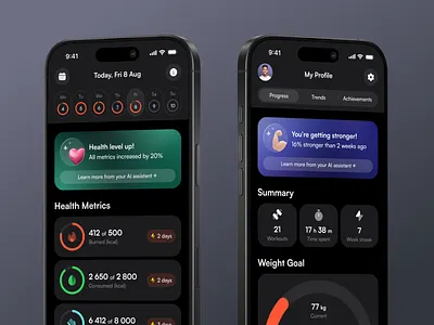 Health & Fitness App activity ai ai health app design chart clean dark fitness fitness app health health app health care mobile mobile app ui workout