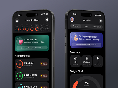 Health & Fitness App activity ai ai health app design chart clean dark fitness fitness app health health app health care mobile mobile app ui workout