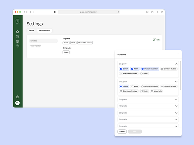 Schedule editing accordion aichat checkbox chevron class edit grade modal modaldesign multiselection personalization productdesign schedule settings subjects teacherspace ui uidesign userexperience ux