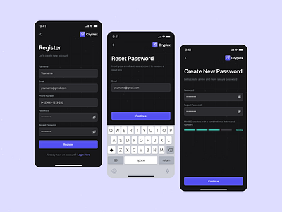 Cryplex - Crypto Wallet Mobile App (Register & Reset Password) branding crypto app design figma framer illustration logo mobile app register register screen reset password reset password screen trading app ui uiux ux web design
