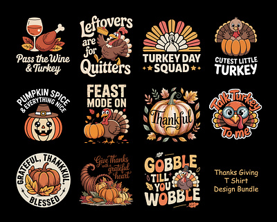 Cute Thanksgiving Turkey & Pumpkin T-Shirt Design Vector Bundle funny