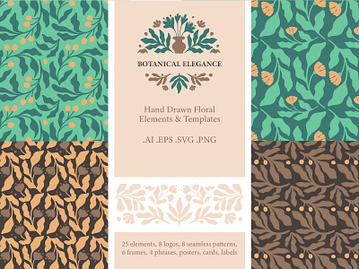 Elegant Botanical Designs botanical branding design flat floral flowers graphic design illustration leaf logo organic seamles patterns vector