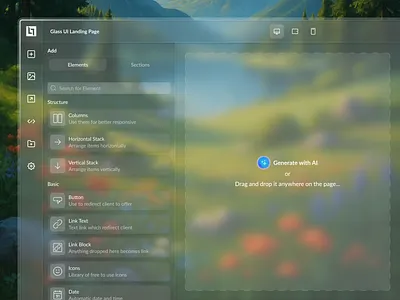 Glass UI Landing Page Builder builder draganddrop editor glassmorphism interface saas ui ux webdesign