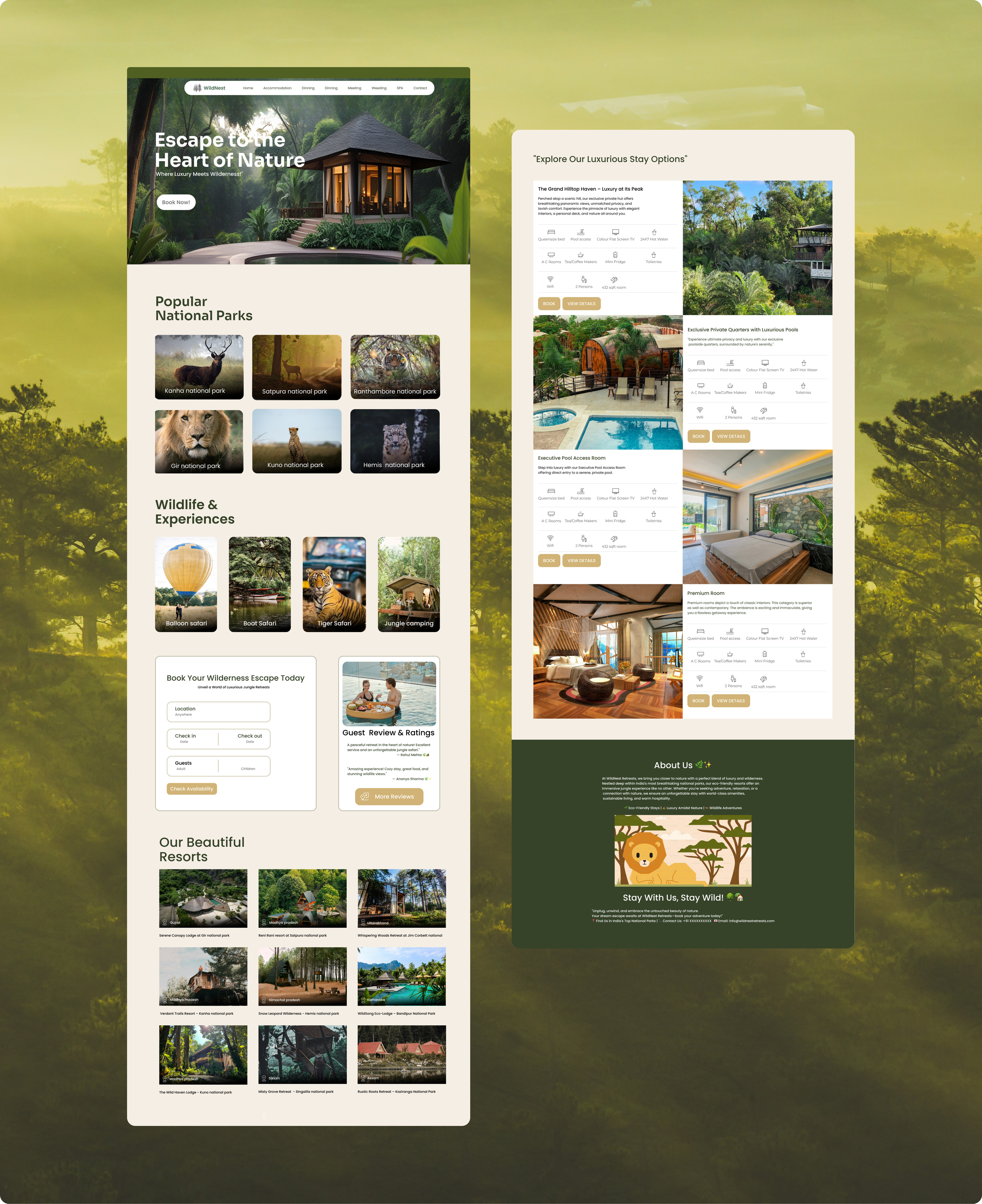 WildNest(A Forest Resort and Wildlife Experience Booking Website balloon safari boar safari camping forest forest resort jungle resort safari stays treaking tribal uiux website wildlife