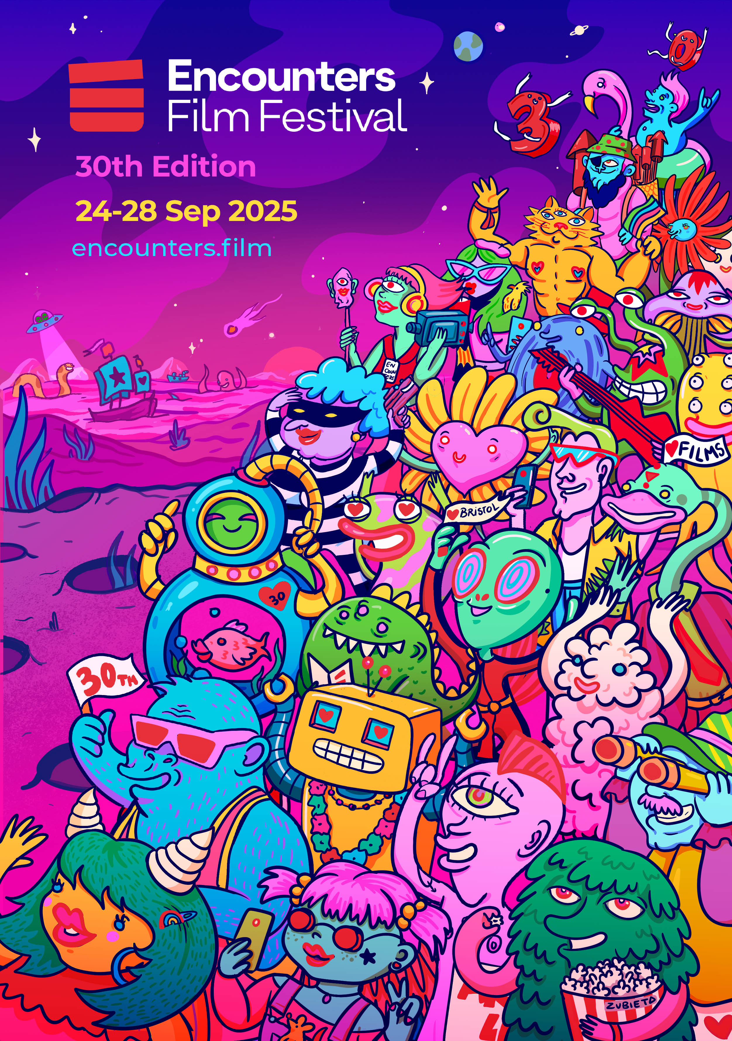 Encounters Film Festival Poster 30 Anniversary Bristol animation festival cartoon festival film film festival graphic design illustration neon night nightlife pop psychedelic saturated surreal surrealism