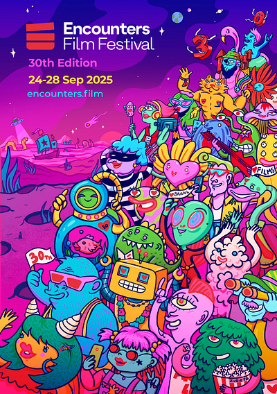 Encounters Film Festival Poster 30 Anniversary Bristol animation festival cartoon festival film film festival graphic design illustration neon night nightlife pop psychedelic saturated surreal surrealism