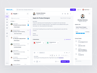 Recruiting Software - Conversations Page admin chat clean ui conversations dashboard email hr hr management interview job job dashboard lead messaging minimal product design project management recruiting saas ui design web