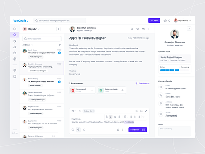 Recruiting Software - Conversations Page admin chat clean ui conversations dashboard email hr hr management interview job job dashboard lead messaging minimal product design project management recruiting saas ui design web