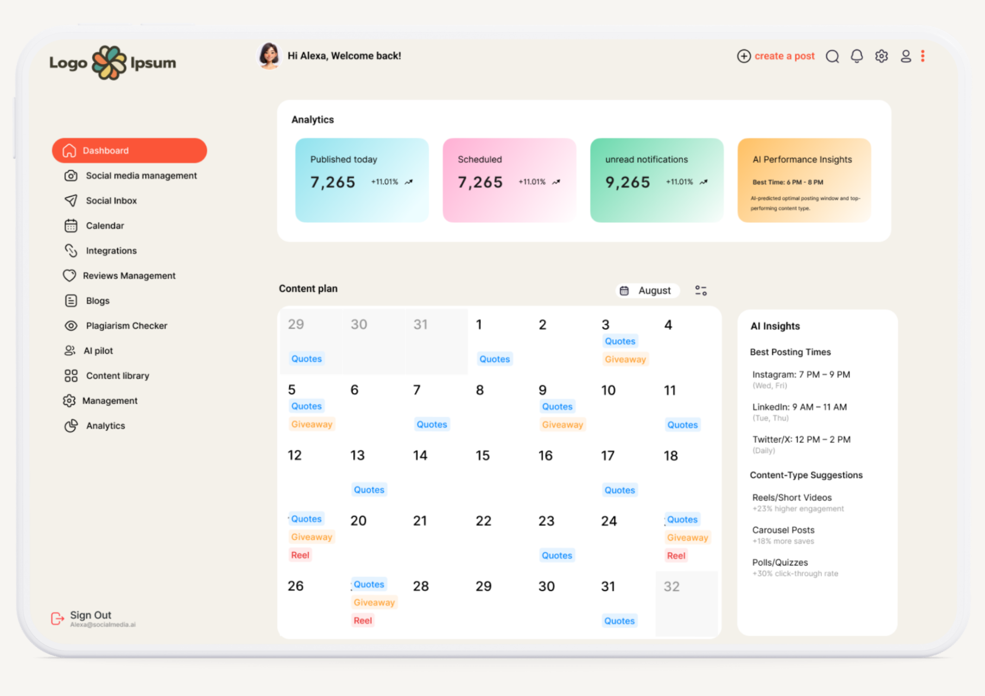 Social media management software dashboard in red and white dashboard modern design peach red socialmediamanagement software ui uiux white