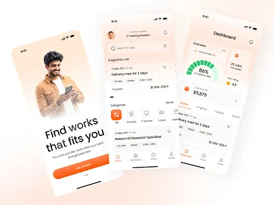 Job & Freelance Finder App – Onboarding & Dashboard UI app design career app clean ui dashboard ui figma design freelance platform gig economy app ios app ui job finder job search app mobile app ui mobile design modern app design onboarding screen product design recruitment app saas mobile ui ui ux design user interface ux design