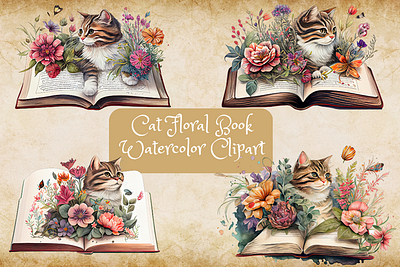 Cat Floral Book Watercolor Clipart design graphic design illustration
