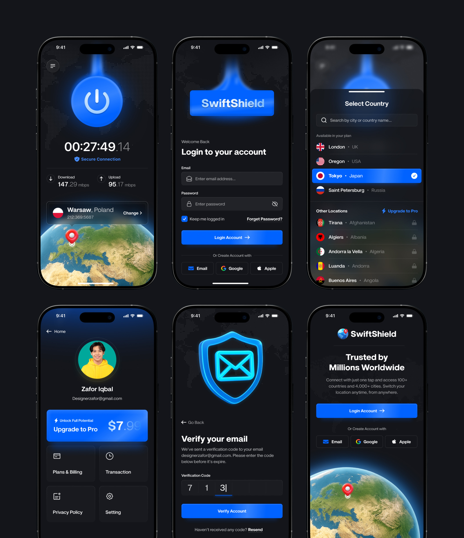 SwiftShield – VPN App UI Design dark theme app desingerzafor dzign guild mobile app ui trending ui ui design user interface vpm mobile app vpn vpn app ui