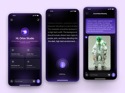 AI Assistant App Design — Conversational and Creative AI ai ai app ai app design ai assistant ai mobile app app app design app interface artificial intelegence dark mode ui ios machine learning mobile mobile app mobile app design mobile application modern app ui product design