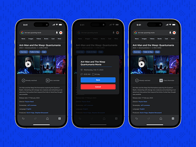 Set reminder flow ant man quantumania dark mode dialog box film reminder google search reminder search results three screens ui design ux flow