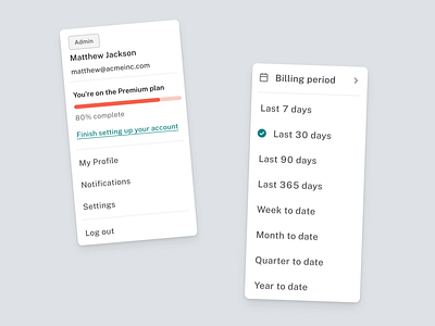 Fleet Payment Platform — Dashboard Components I account menu billing period dashboard design exploration dropdown filters interaction design menu period selector product design responsive design selector time picker ui ui components ux visual exploration web app