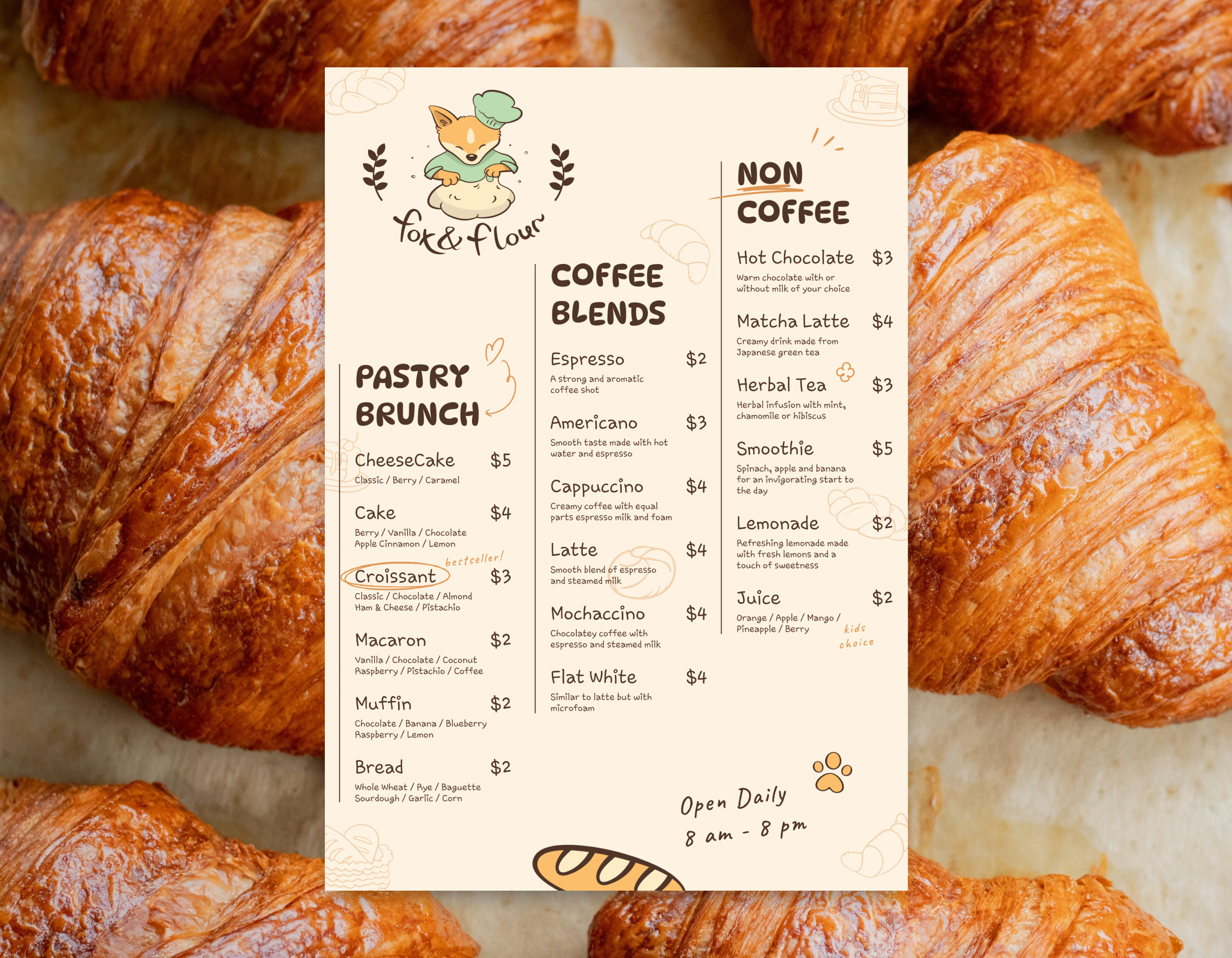 Fox & Flour menu design artwork branding graphic design identity illustration menu menu design vector