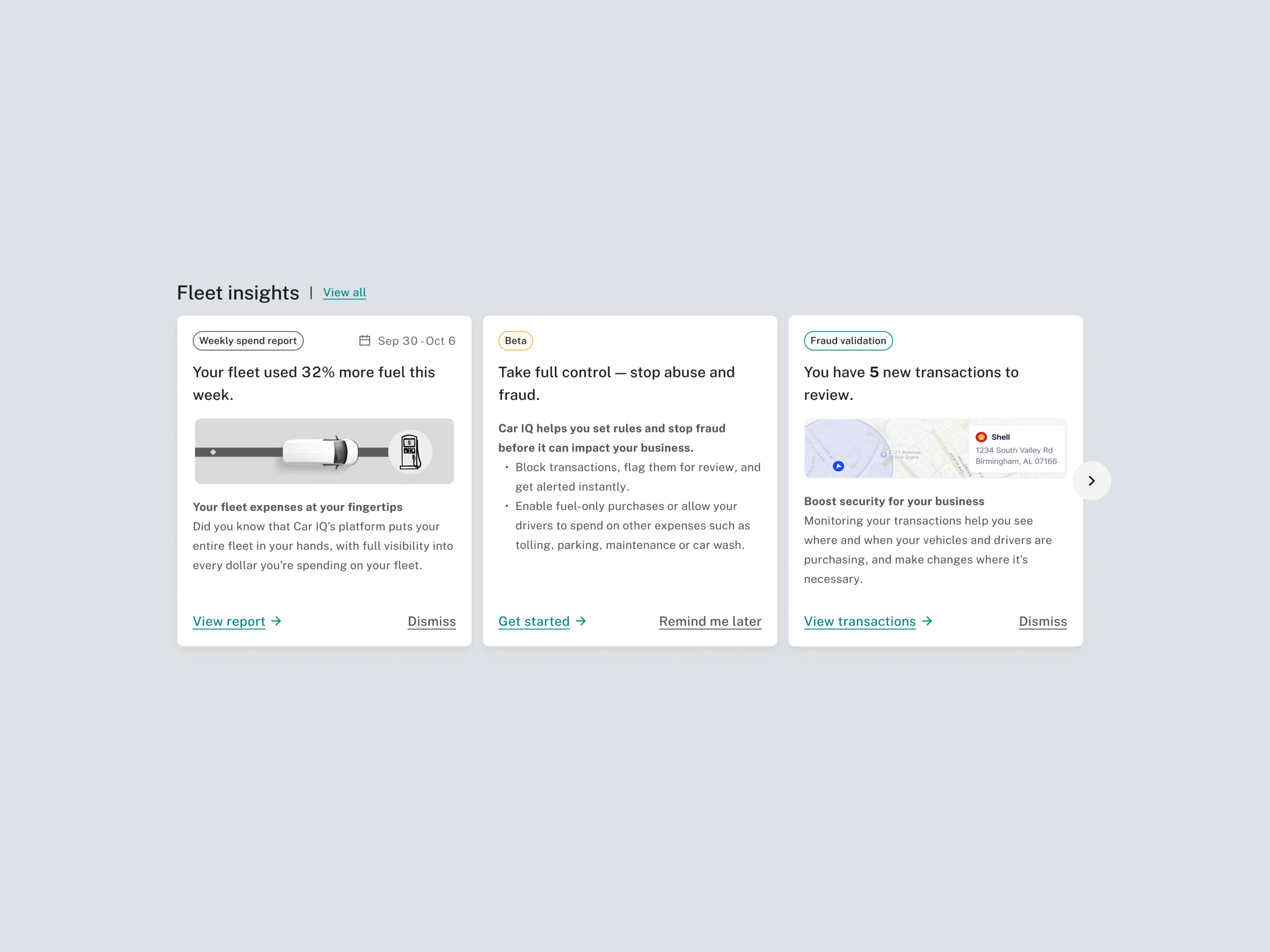 Fleet Payment Platform — Dashboard Components III cards carousel dashboard data visualization design exploration fleet management insights interaction design product design responsive design ui ux view all visual exploration web app