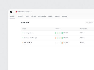 Monitors - Upstream api api monitoring app clean design developer developer tool inspiration light theme minimal monitor saas startup ui uptime ux web web app
