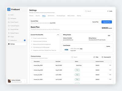 Plans & Billing Dashboard Page app billing branding chart clean design fireart info manage plan settings ui ux