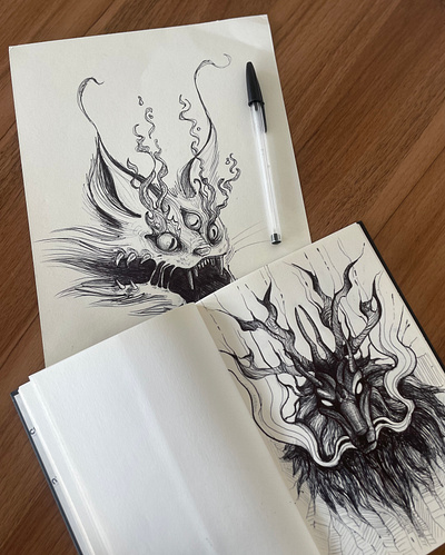Inkbound Spirits – Creature Concepts in Black artfantasy bic creaturedesign darkfantasy dessin illustration lineart penart sketchbook