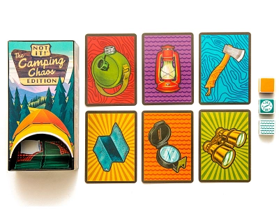 Camping Chaos 2d binoculars board canteen card compass dice digital painting game hatchet illustration lantern map national park packaging procreate retro table top tent tower