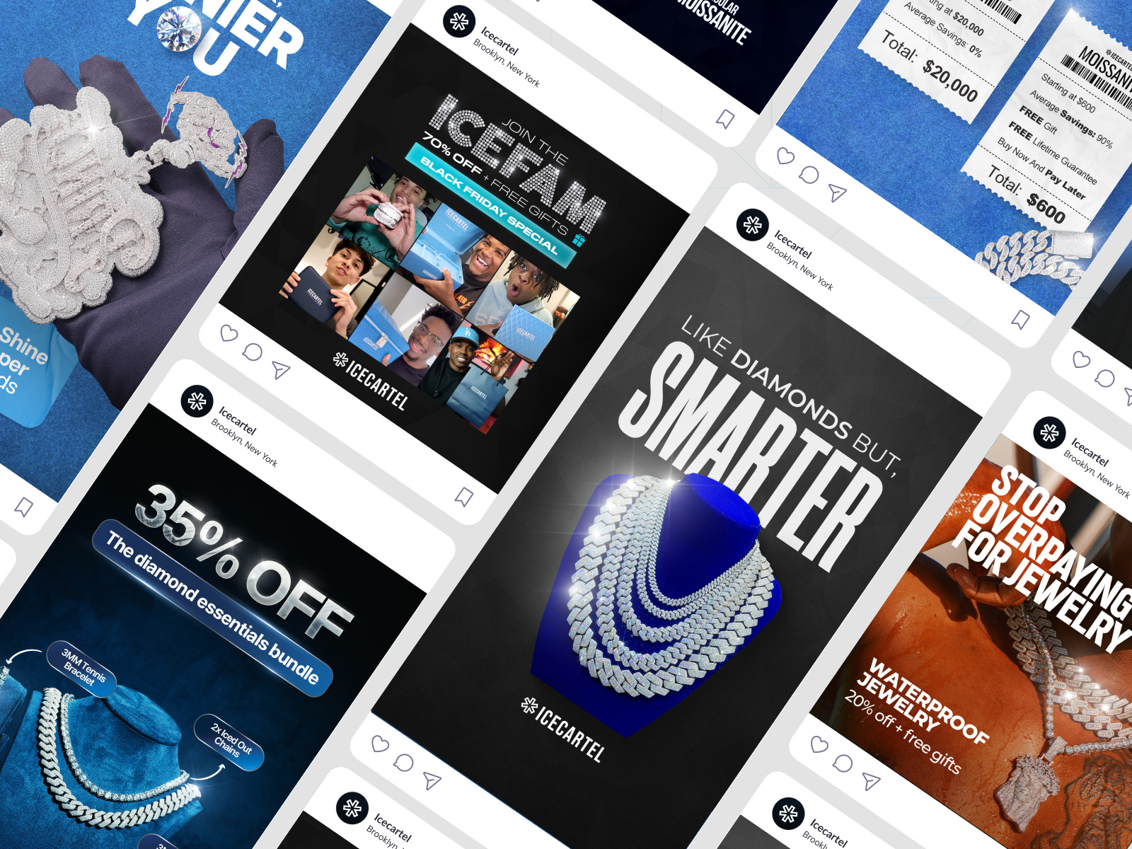 Luxury Jewelry Static Ads for IceCartel | High Converting Design ad creatives bold typography conversion design ecommerce design facebook ads instagram ads jewelry brand luxury branding luxury jewelry marketing campaign moissanite jewelry scroll stopping ads social media ads static ads visual identity