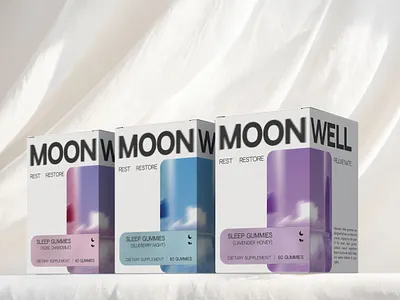 MOONWELL SLEEP GUMMIES | PACKAGING DESIGN brand identity branding calm branding design dieline ethereal packaging graphic design minimal packaging modern branding packaging design pastel sleep brand supplement packaging wellness packaging