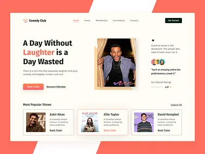 Comedy Club Website Design booking bookticket comedyclub creativework darkmode designconcept event homepage jokes landingpage lightmode liveevent newandnoteworthy newpost program rajanraj trending uiuxdesigner webdesign webuiux