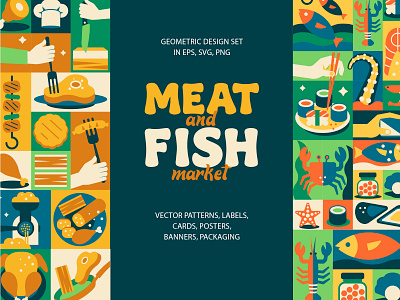 Abstract Butcher and Seafood Design Set abstract branding design flat food geometric graphic design illustration labes market meat mosaic patterns seafood supermarket vector