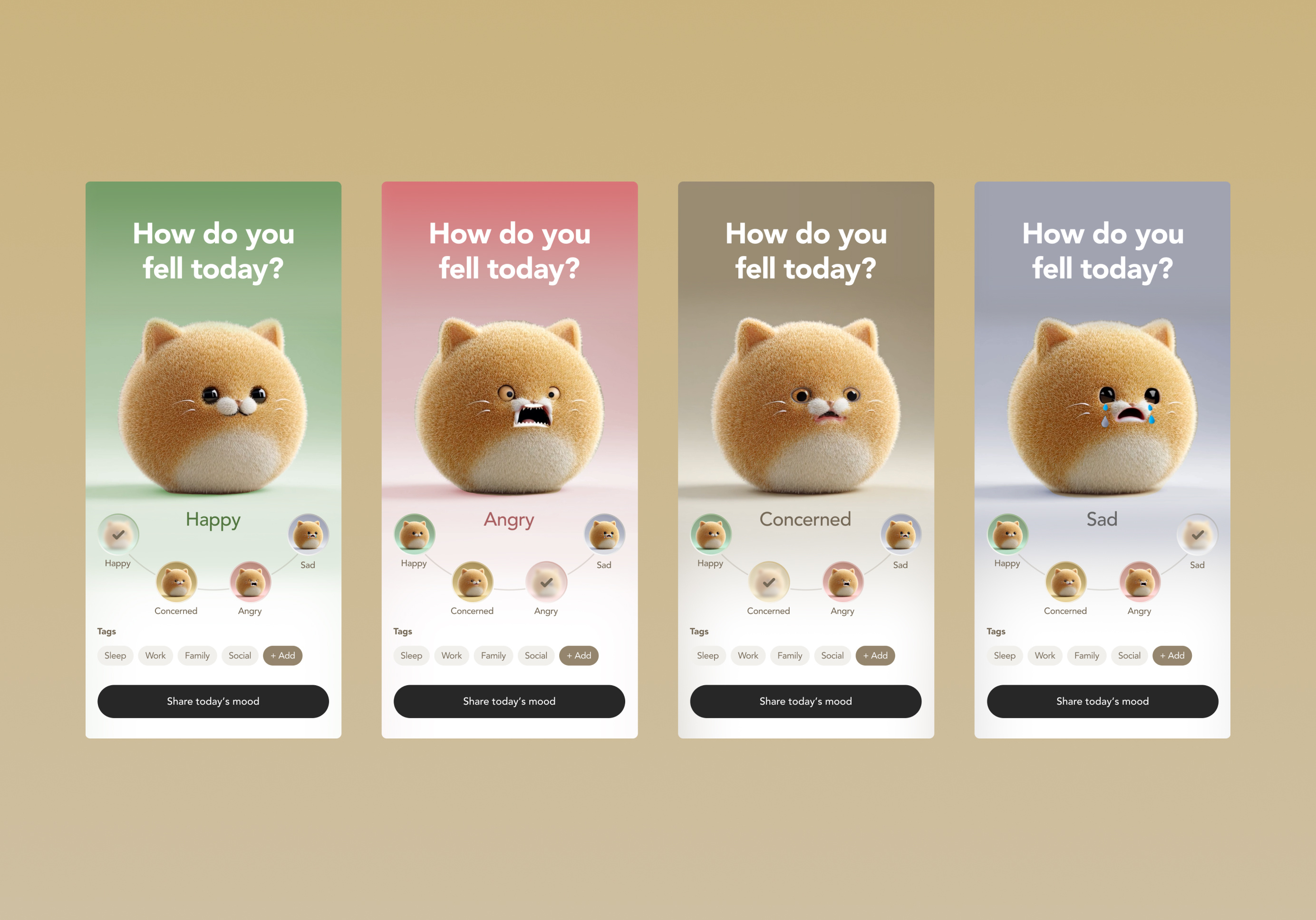 Daily mood tracker 3d animation cat daily kitty mood motion graphics ui