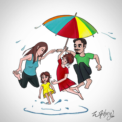 puddle jumping family digital painting family illustration jumping procreate puddle rain umbrella